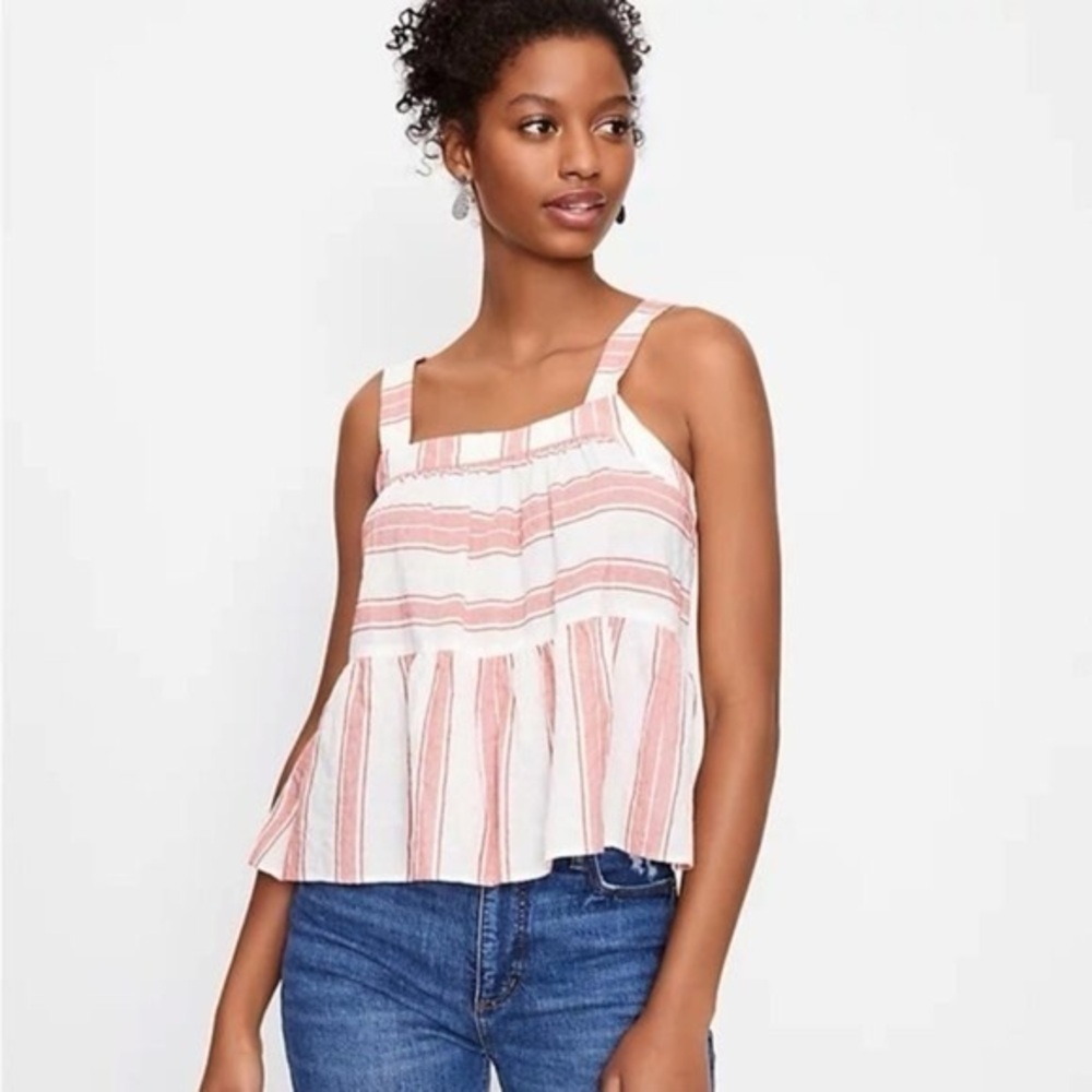 Loft Red and White Stripped Cropped Tank Top Blouse NWT  Sleeveless Peplum